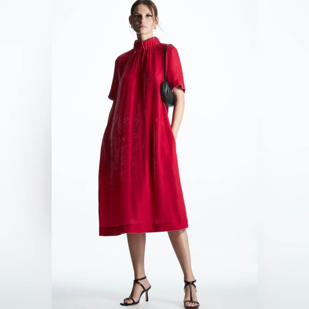 COS Velvet High-Neck Dress in Fuchsia Pink Size US 10 Luxe Occasion Dress Silk